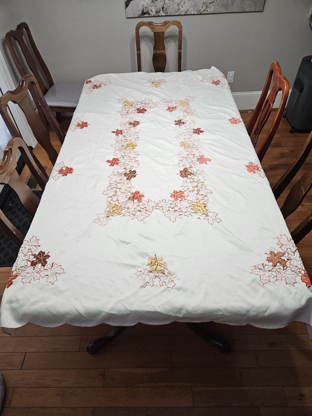 Vintage White Tablecloth with Red, Orange, Gold & Brown Embroidered Leaves